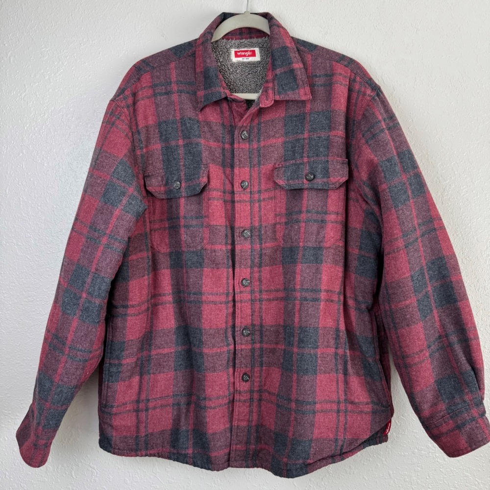 Wrangler Sherpa Lined Flannel Shirt Jacket Burgundy Gray Plaid L